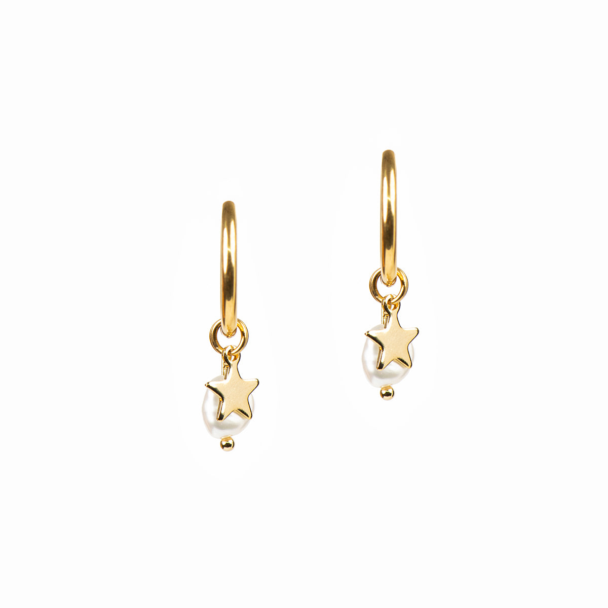 Boucles d'oreilles anneaux 16 mm acier inoxydable or avec étoile et perle naturelle - Mariana 7 or-2