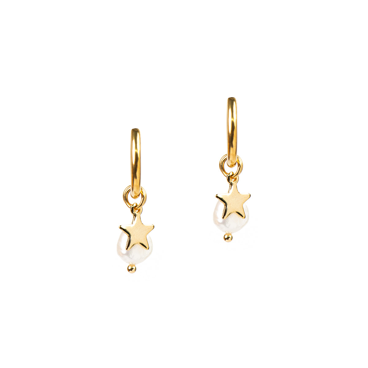 Boucles d'oreilles anneaux 14 mm acier inoxydable or avec étoile et perle naturelle - Mariana 7 or-2