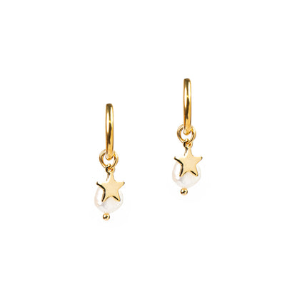 Boucles d'oreilles anneaux 14 mm acier inoxydable or avec étoile et perle naturelle - Mariana 7 or-2