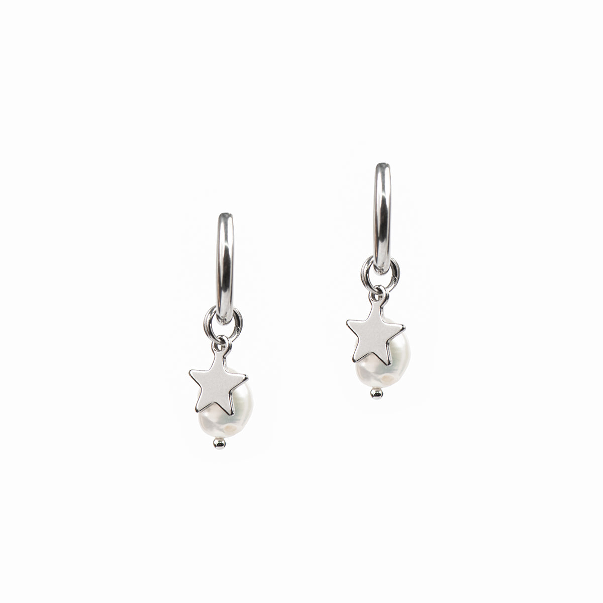 Boucles d'oreilles anneaux 14 mm acier inoxydable avec étoile et perle naturelle - Mariana 7 argent-2