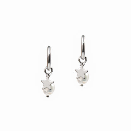 Boucles d'oreilles anneaux 14 mm acier inoxydable avec étoile et perle naturelle - Mariana 7 argent-2