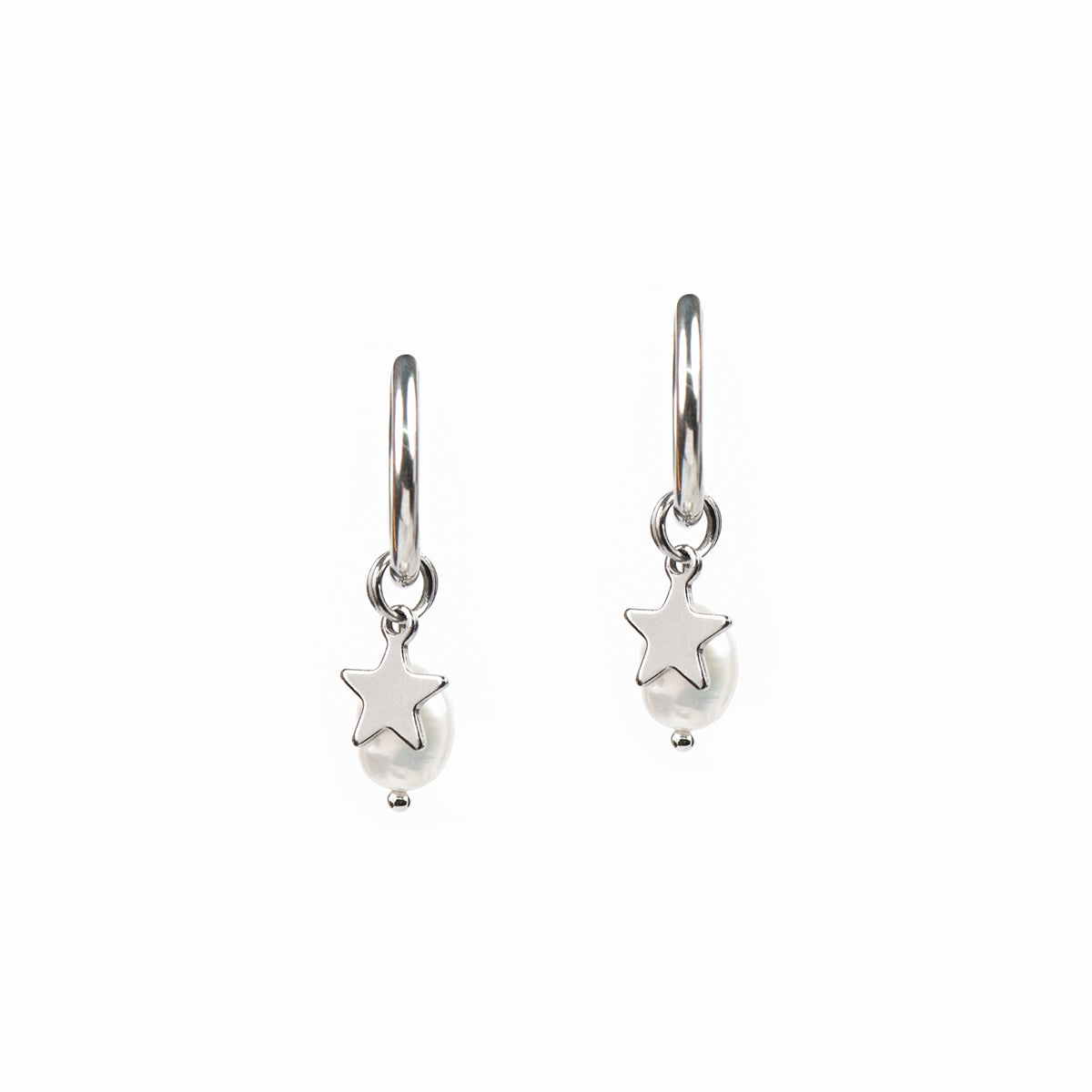 Boucles d'oreilles anneaux 16 mm acier inoxydable avec étoile et perle naturelle - Mariana 7 argent-2