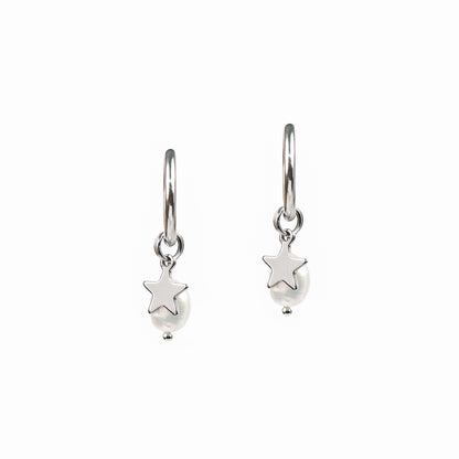 Boucles d'oreilles anneaux 16 mm acier inoxydable avec étoile et perle naturelle - Mariana 7 argent-2