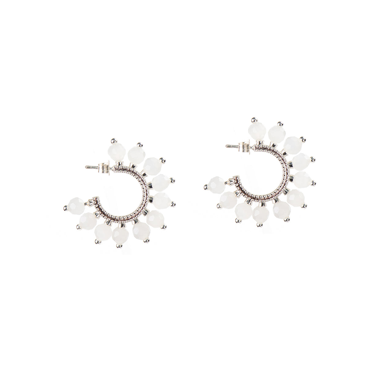 Boucles d'oreilles anneaux ouverts design soleil avec billes blanches plaqué argent - Mariana 2-2