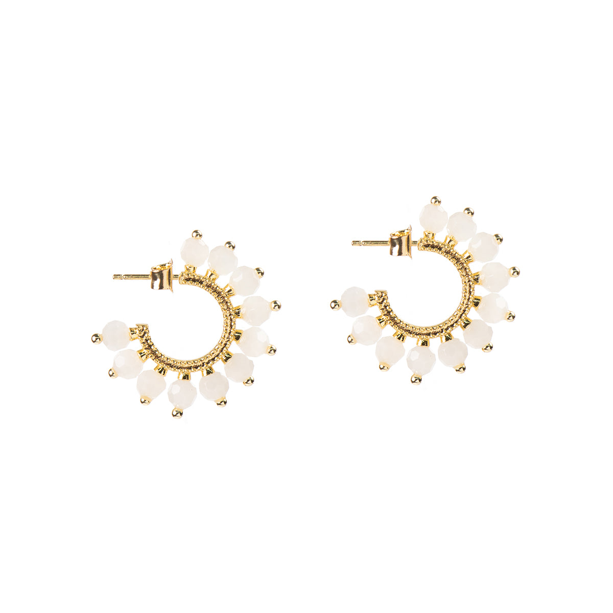 Boucles d'oreilles anneaux ouverts design soleil avec billes rose pâle plaqué or 14K - Mariana 2-2