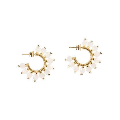 Boucles d'oreilles anneaux ouverts design soleil avec billes rose pâle plaqué or 14K - Mariana 2-2