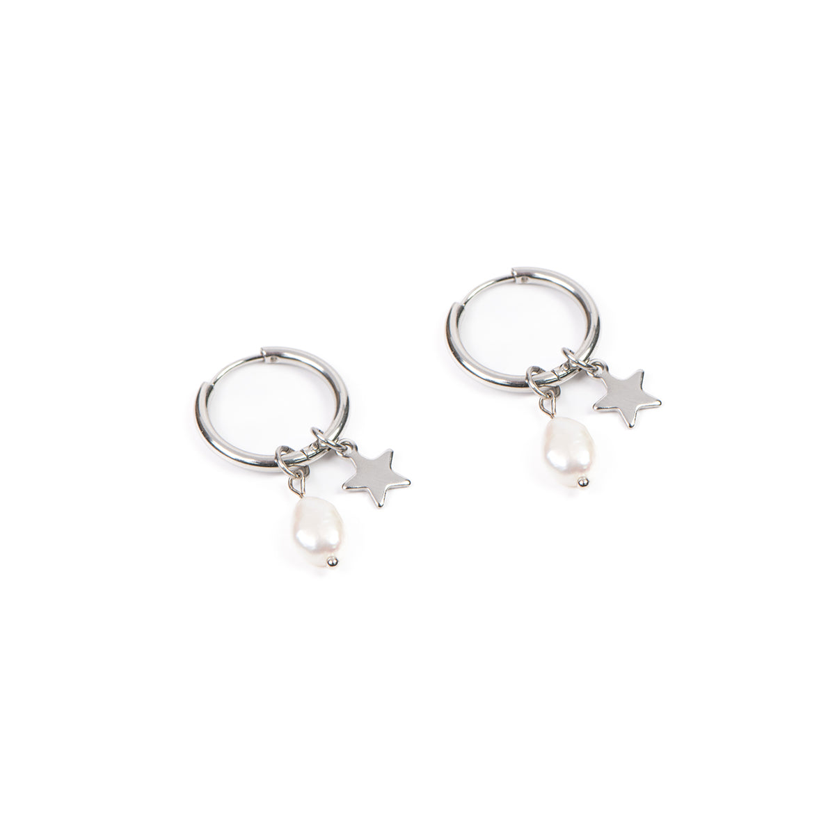 Boucles d'oreilles anneaux 16 mm acier inoxydable avec étoile et perle naturelle - Mariana 7 argent-3
