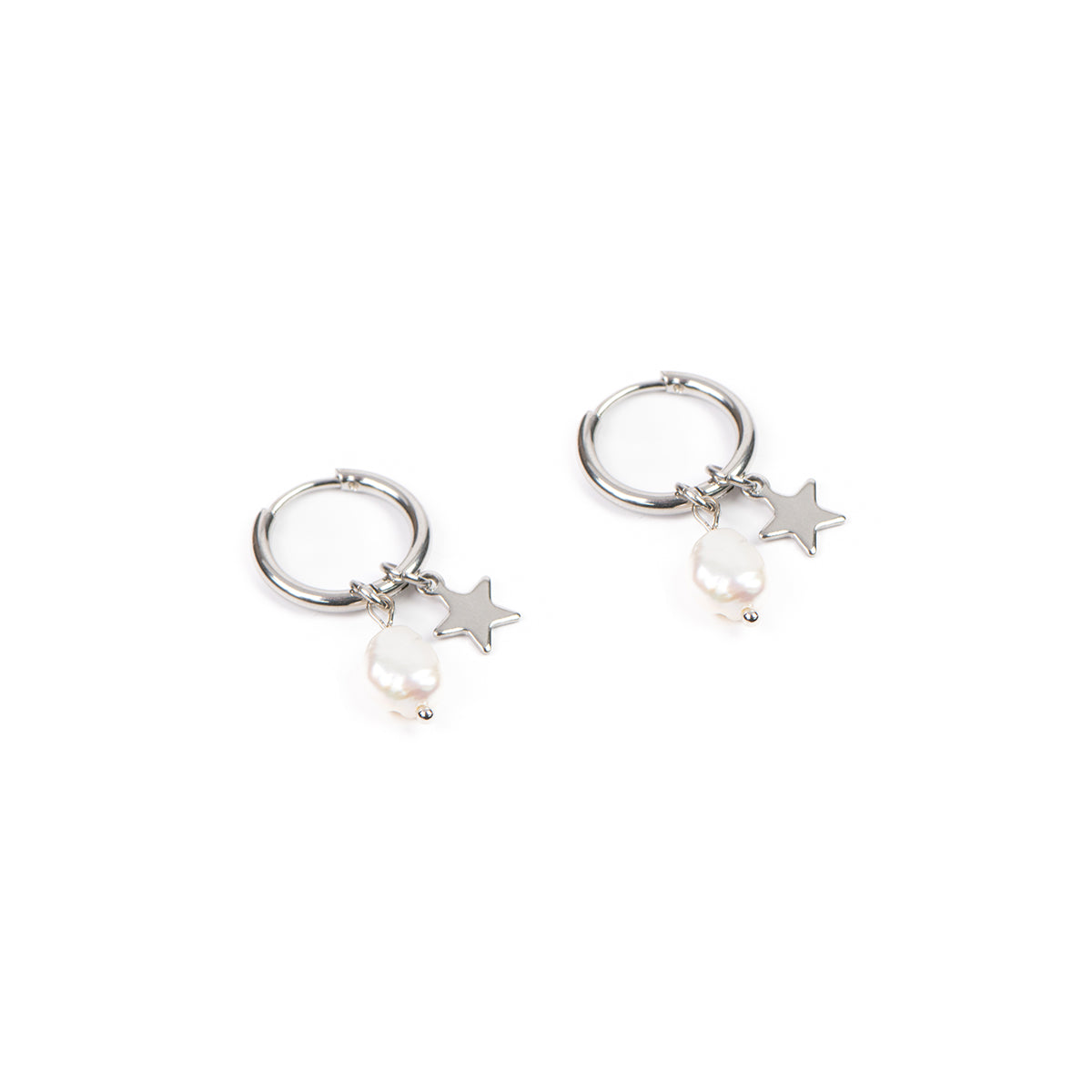 Boucles d'oreilles anneaux 14 mm acier inoxydable avec étoile et perle naturelle - Mariana 7 argent-3