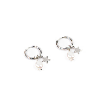 Boucles d'oreilles anneaux 14 mm acier inoxydable avec étoile et perle naturelle - Mariana 7 argent-3