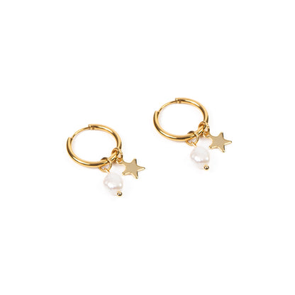 Boucles d'oreilles anneaux 16 mm acier inoxydable or avec étoile et perle naturelle - Mariana 7 or-3