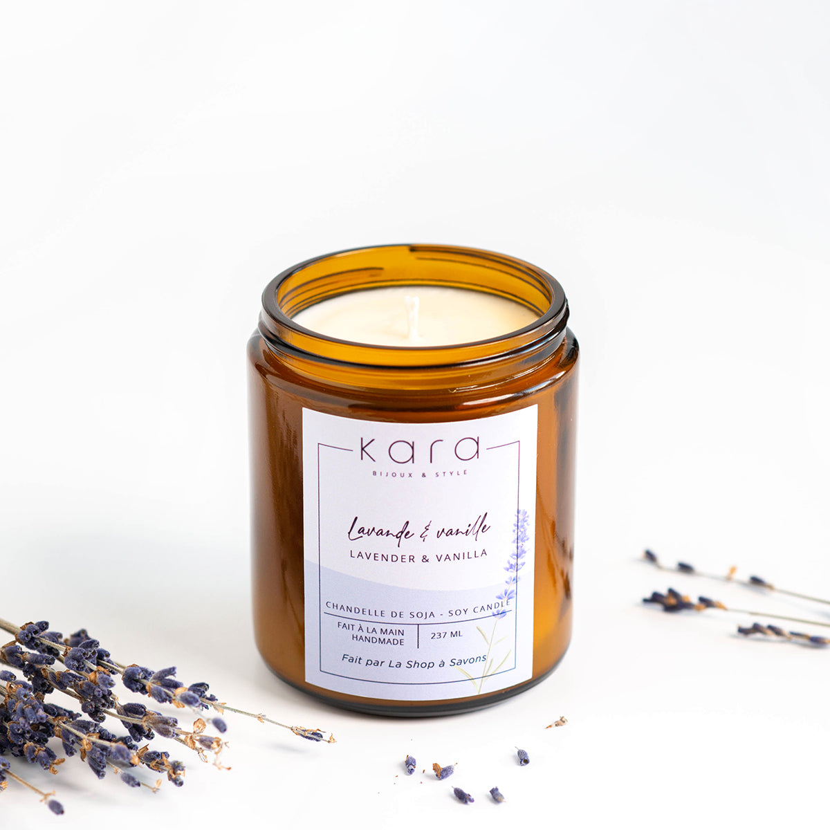 Chandelle cire de soya lavande et vanille mèche de coton - pot ambré - Kara Bijoux lifestyle-2