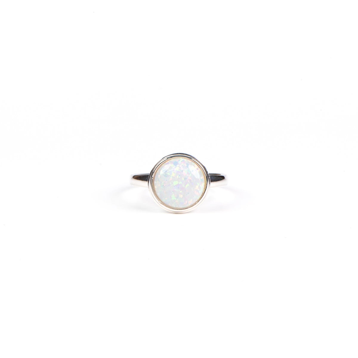 Bague argent sterling .925 avec pierre ronde opale blanche de synthèse - Simone 5-2