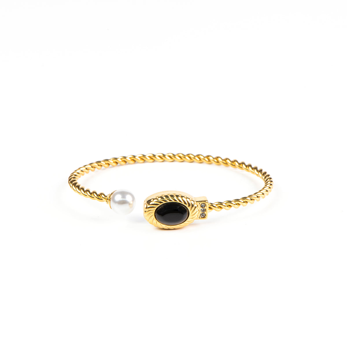 Bracelet torsadé rigide ouvert ajustable acier inoxydable or avec onyx noir et perle blanche - Diana 3-2