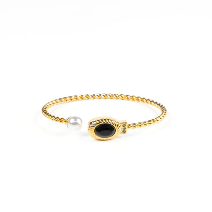 Bracelet torsadé rigide ouvert ajustable acier inoxydable or avec onyx noir et perle blanche - Diana 3-2