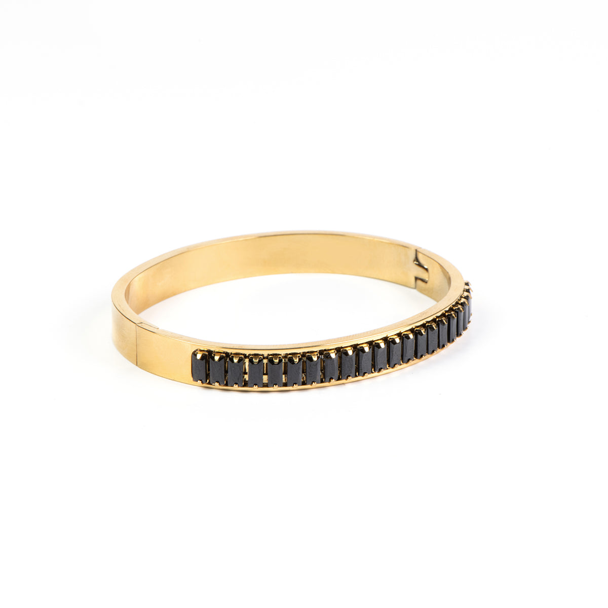 Bracelet rigide fermé acier inoxydable or avec zircons rectangulaires noirs - Diana 5-3