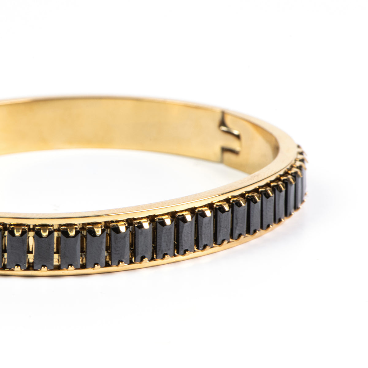 Bracelet rigide fermé acier inoxydable or avec zircons rectangulaires noirs - Diana 5-5