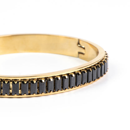 Bracelet rigide fermé acier inoxydable or avec zircons rectangulaires noirs - Diana 5-5