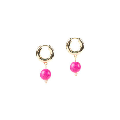 Boucles d'oreilles plaquées or 14K anneaux chunky avec billes howlite rose - Simone 5-2