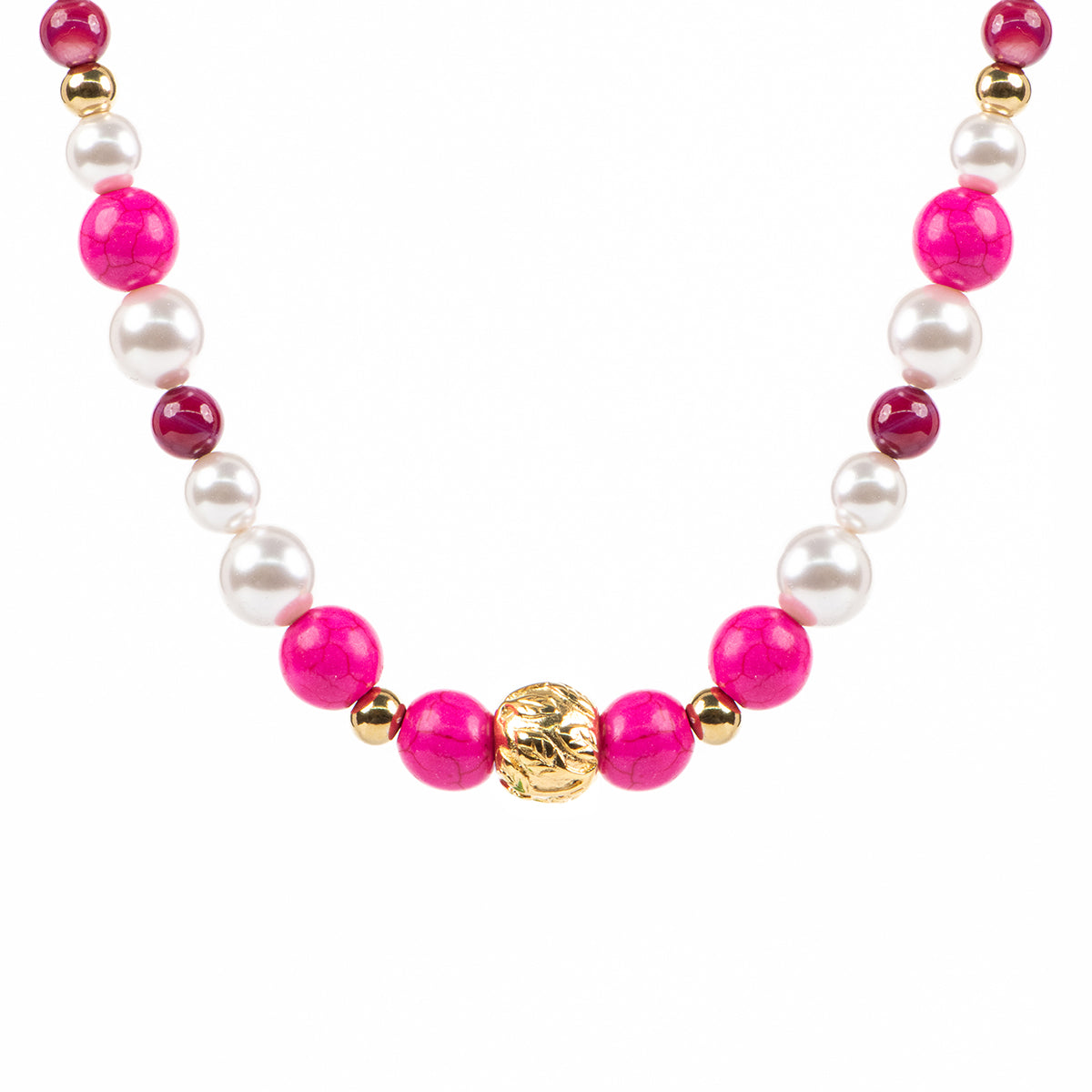 Collier court maximaliste en acier inoxydable or avec billes semi-précieuses et perles - Simone 5-2