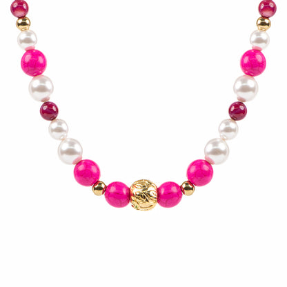Collier court maximaliste en acier inoxydable or avec billes semi-précieuses et perles - Simone 5-2