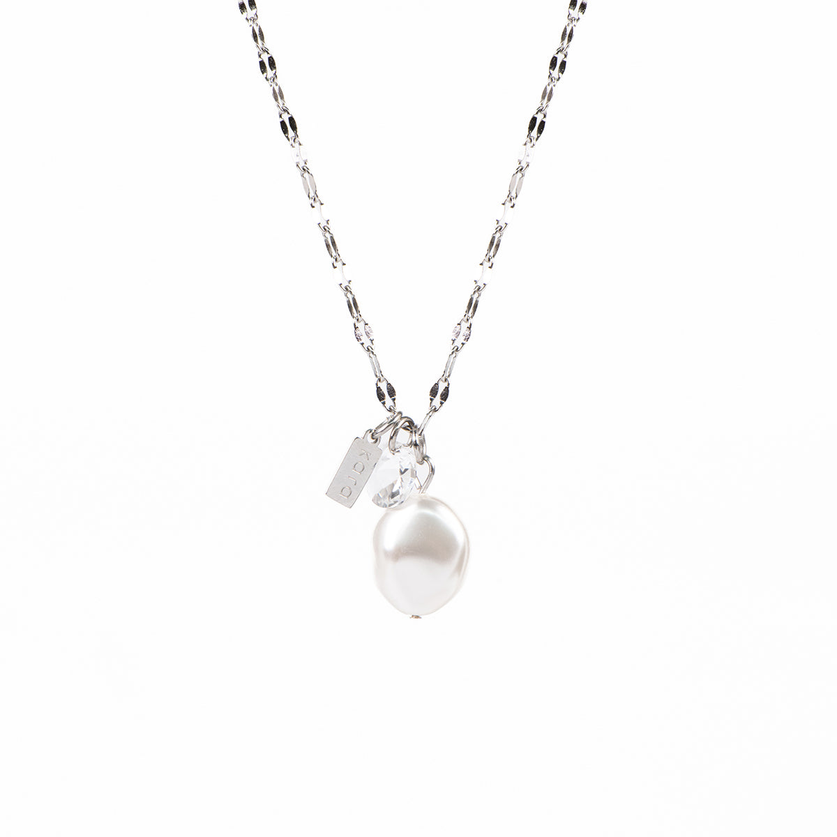 Collier court acier inoxydable chaîne lips avec 3 breloques: perle baroque et cristal rond - Juliana 5-3