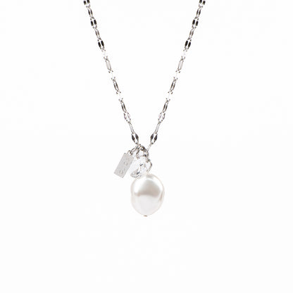 Collier court acier inoxydable chaîne lips avec 3 breloques: perle baroque et cristal rond - Juliana 5-3