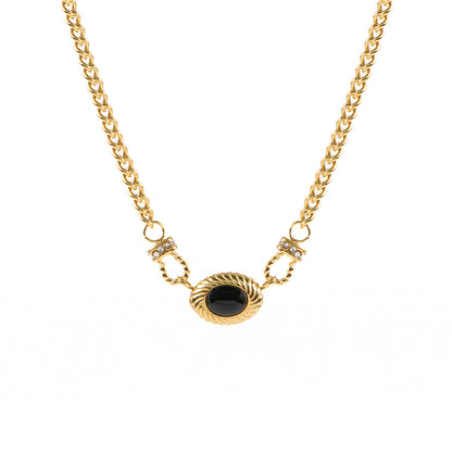 Collier court glamour acier inoxydable or avec pierre ovale onyx noir - Diana 2-2