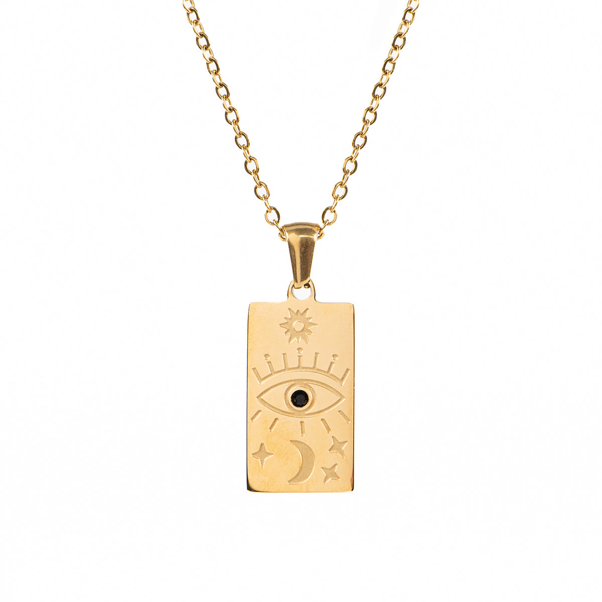 Collier court acier inoxydable or pendentif rectangulaire avec oeil et astres - Juliana 1-2