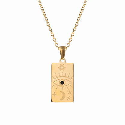 Collier court acier inoxydable or pendentif rectangulaire avec oeil et astres - Juliana 1-2