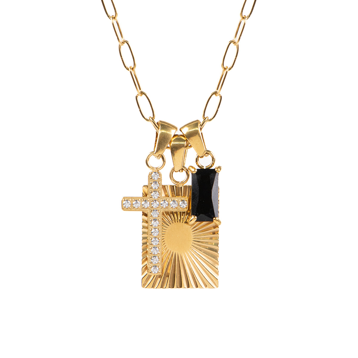 Collier court acier inoxydable or avec 3 breloques: rectangle, croix et zircon noir - Juliana 2-3