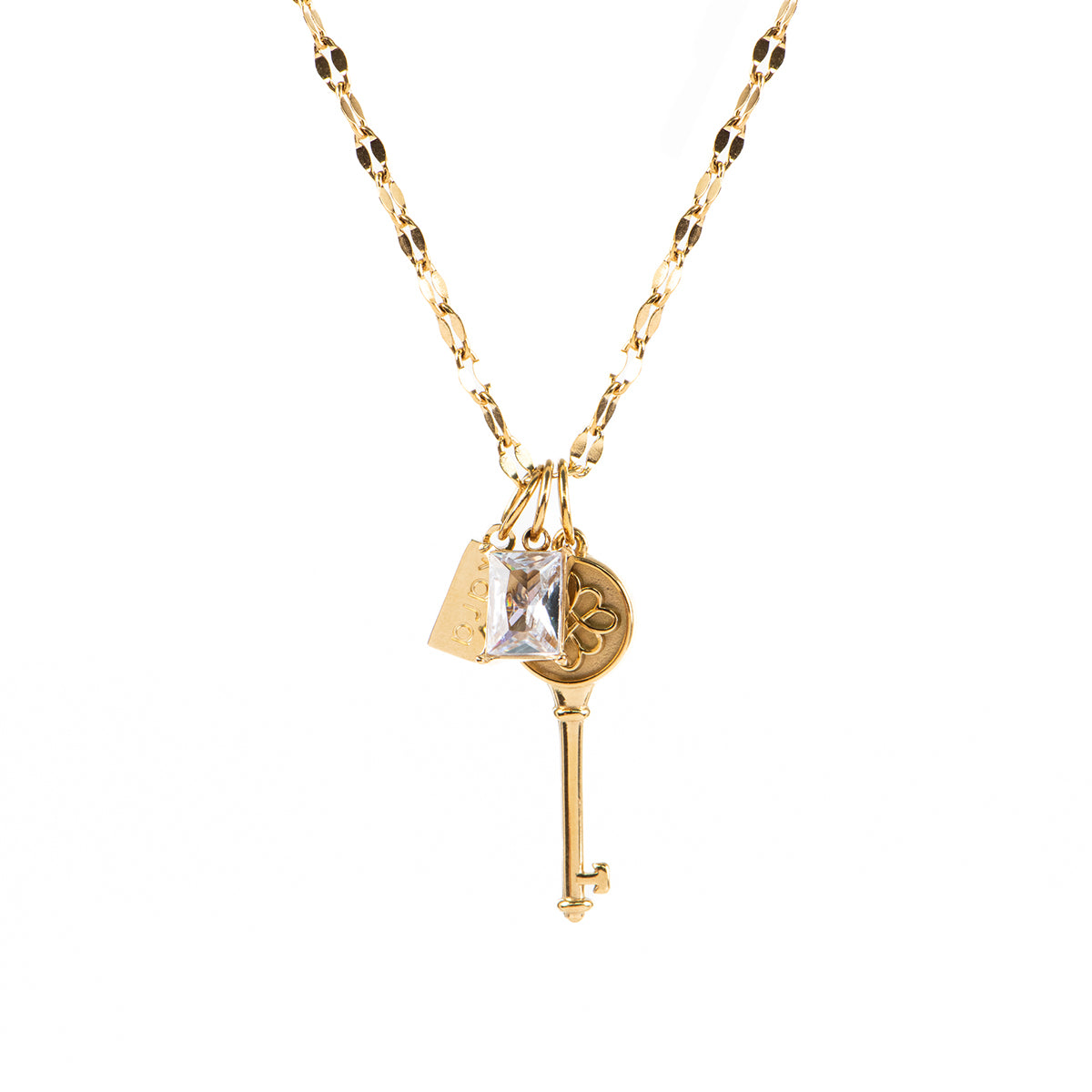 Collier court délicat chaîne lips acier inoxydable or avec 3 breloques: clé, zircon clair, breloque Kara - Juliana 3-3