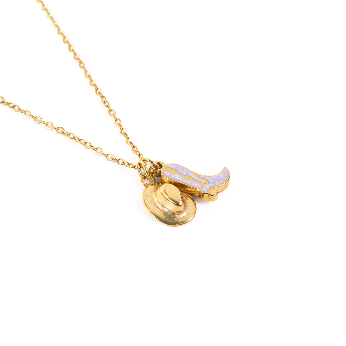 Collier délicat acier inoxydable or avec breloques western botte mauve pâle et chapeau de cowboy - Juliana 6-3