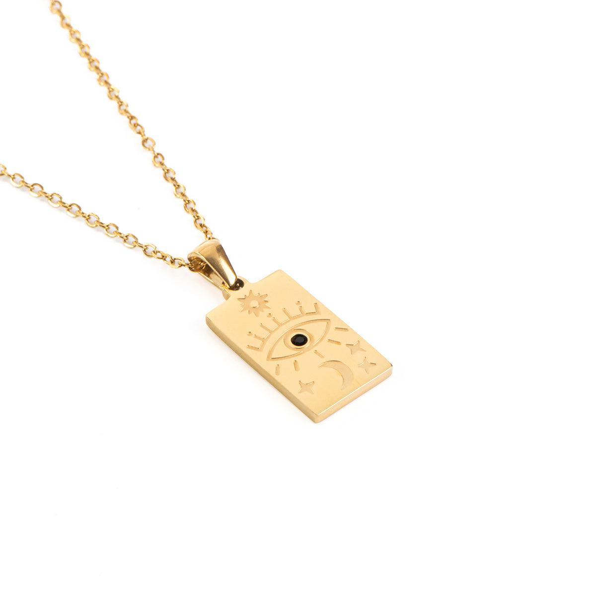 Collier court acier inoxydable or pendentif rectangulaire avec oeil et astres - Juliana 1-3