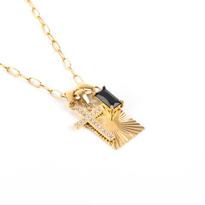 Collier court acier inoxydable or avec 3 breloques: rectangle, croix et zircon noir - Juliana 2-4