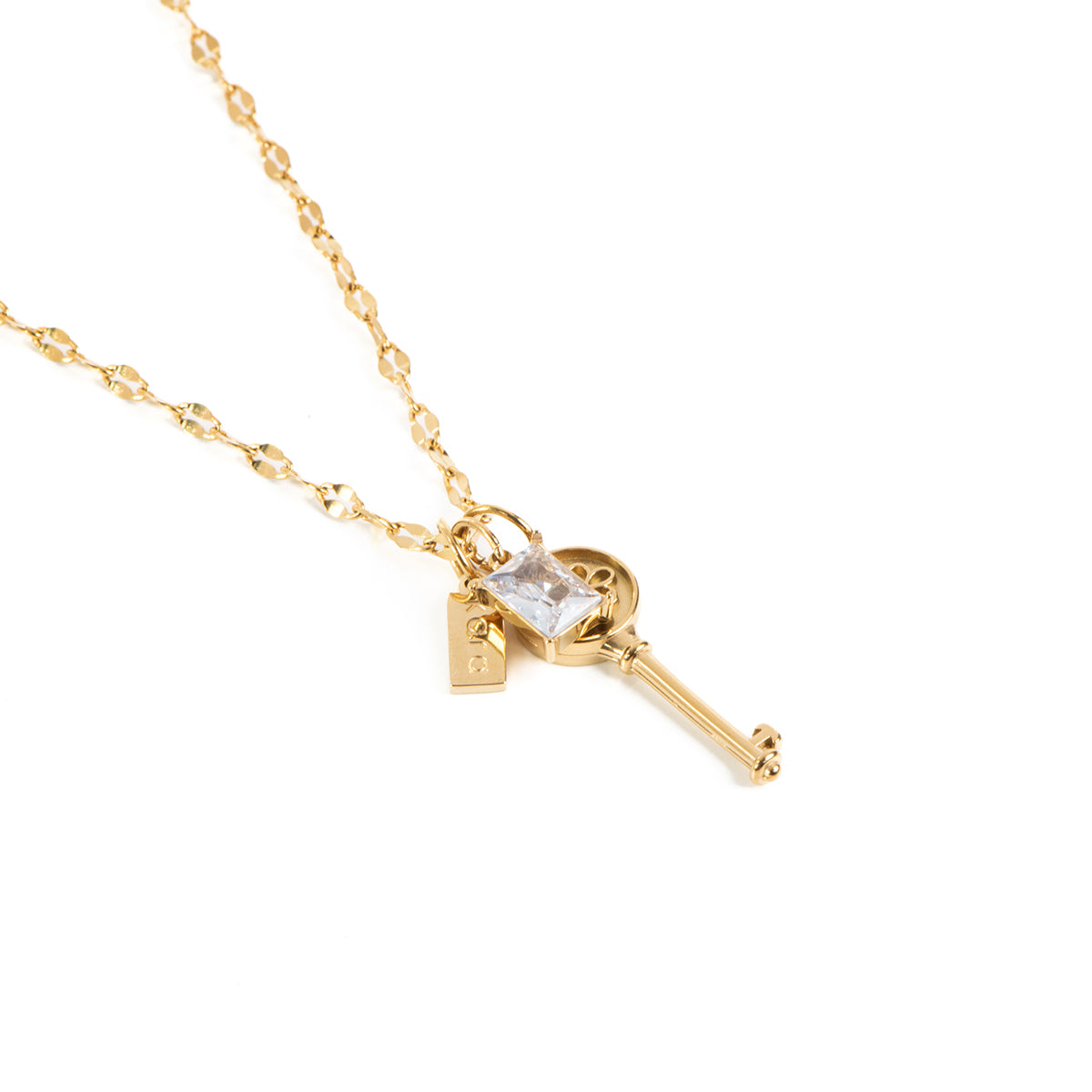 Collier court délicat chaîne lips acier inoxydable or avec 3 breloques: clé, zircon clair, breloque Kara - Juliana 3-4