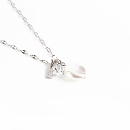Collier court acier inoxydable chaîne lips avec 3 breloques: perle baroque et cristal rond - Juliana 5-4