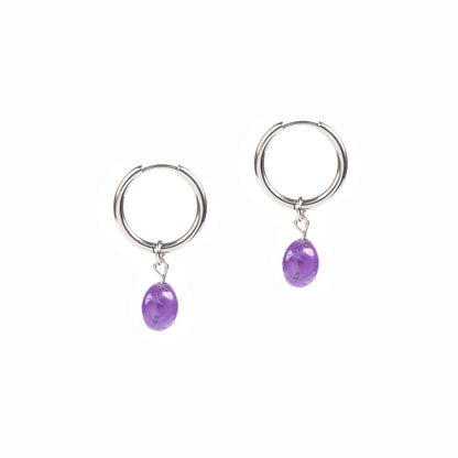Boucles d'oreilles acier inoxydable anneaux avec bille améthyste mauve - Simone 3-2