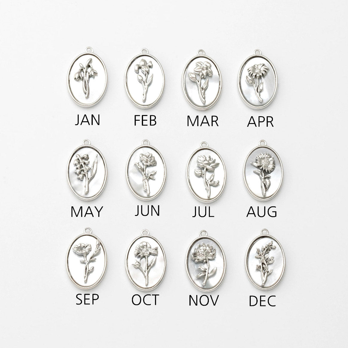 Image référence pendentif nacre de coquillage rhodium 12 fleurs de naissance
